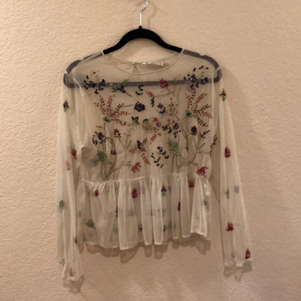 Zara Collection cream sheer embroidered blouse XS